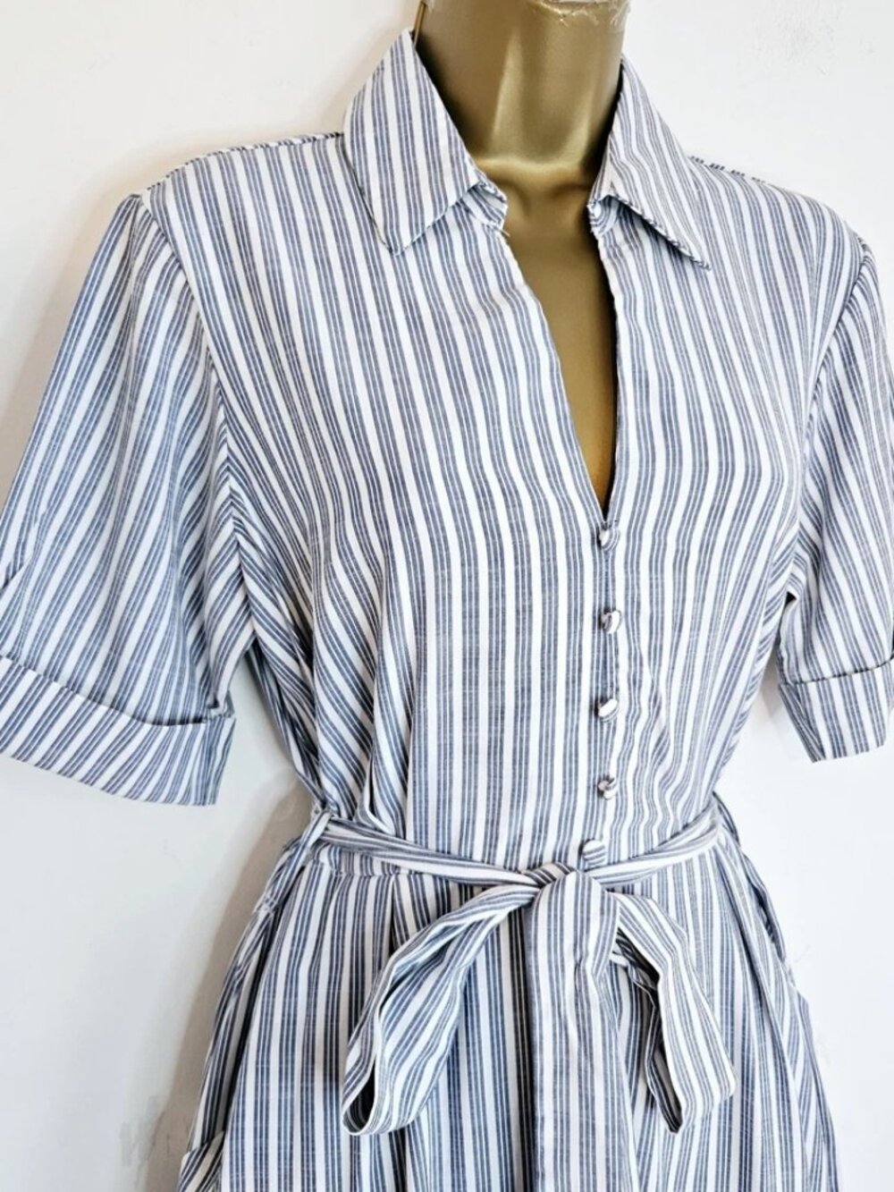 Striped Button Front Belted Blue White Midi Shirt Dress - Picture 2 of 5